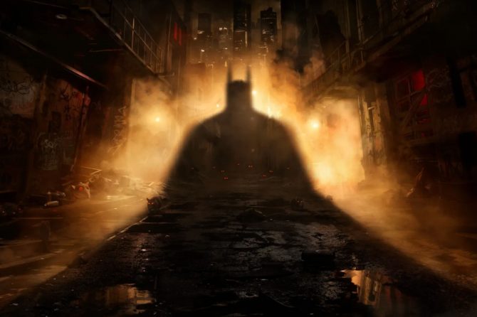 Logo des Spieles Batman Arkham Shadow mit dem Schatten von Batman vor einem erleuchteten Hintergrund